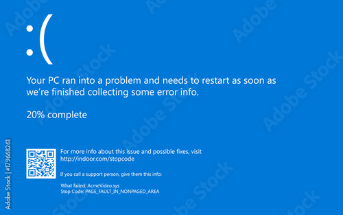 Modern blue screen of death (BSOD) error. Installation new software and hardware problem, virus, emulation, virtual machine, video, register. System Crash Report Background. Vector Illustration