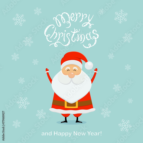 Blue Christmas background with happy Santa and snowflakes © losw100