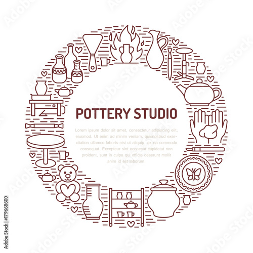 Pottery workshop, ceramics classes banner illustration. Vector line icon of clay studio tools. Hand building, sculpturing equipment. Art shop circle template with place for text.