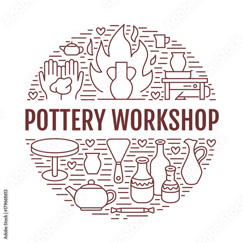 Pottery workshop, ceramics classes banner illustration. Vector line icon of clay studio tools. Hand building, sculpturing equipment. Art shop circle template with text.