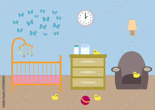 Baby room interior. Flat design. Baby room with a toys, cot, bedside table, armchair, and rug. Children's room.
