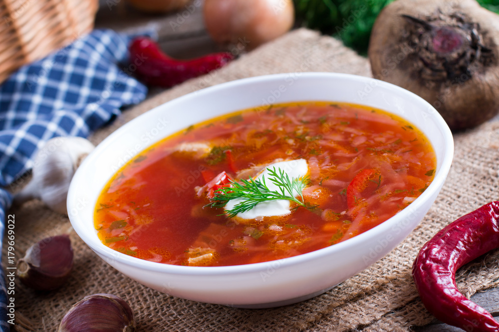 Ukrainian and russian national food - red beet soup, borscht Ukrainian and russian national food - red beet soup, borscht