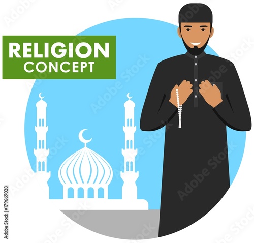 Prayer time. Religion concept. Muslim person with beads in hands pray standing on the background silhouette of mosque and minarets. Arabic man pray. Vector illustration.