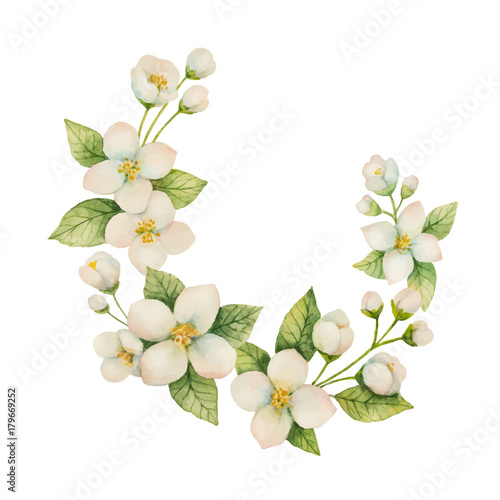 Watercolor vector wreath of flowers and branches Jasmine isolated on a white background.