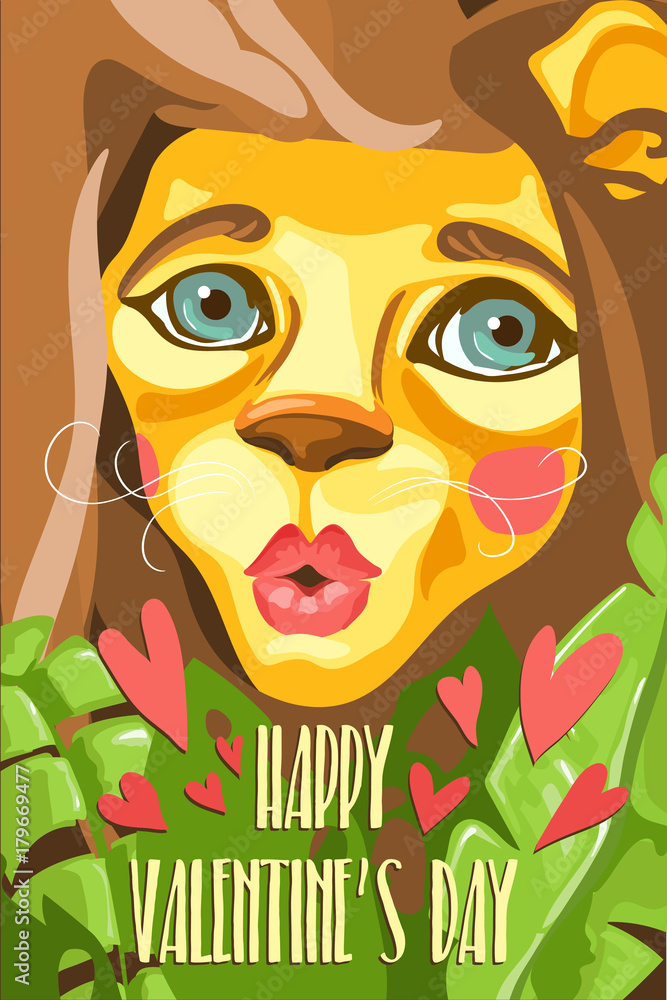 Happy Valentine's Day greeting card. Adorable, cartoon baby lion giving kisses in the jungle plants with red hearts and text Happy Valentine's Day greeting card. Adorable, cartoon baby lion giving kisses in the jungle plants with red hearts and text