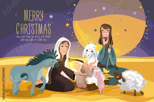 Christmas Bible Story. Christmas nativity card. Mary and Joseph looking at baby Jesus surrounded by cute baby animals and night in desert. Cartoon, flat style vector characters