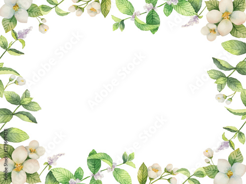 Watercolor vector frame of flowers and branches Jasmine isolated on a white background.