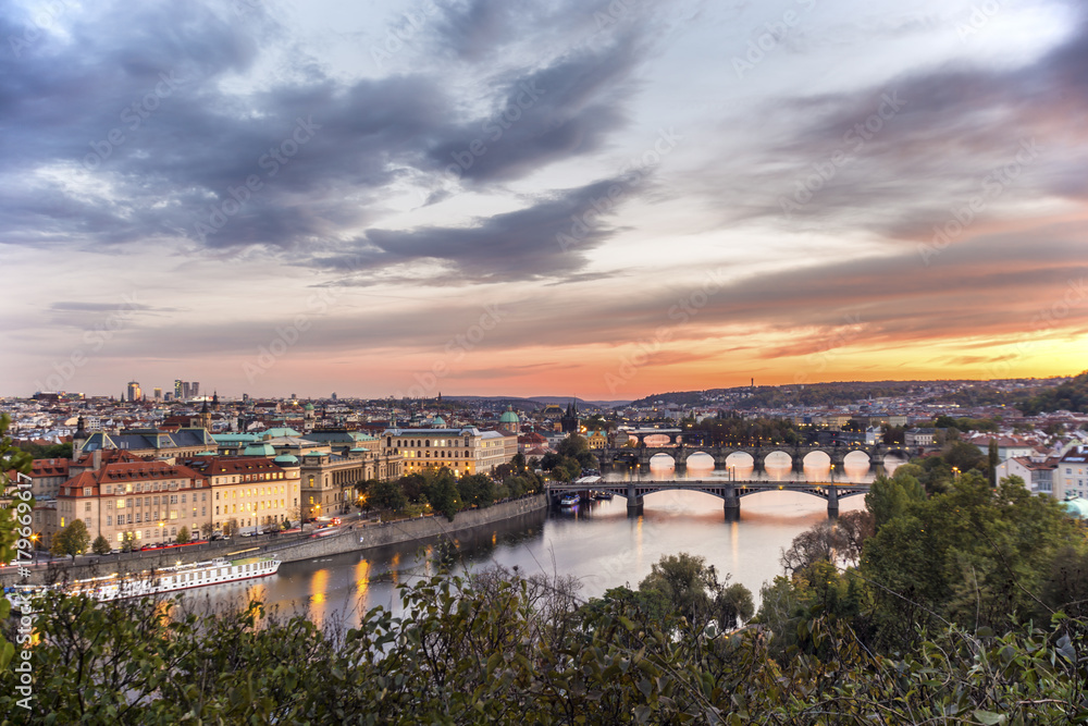Amazing sunset over Prague cityscape