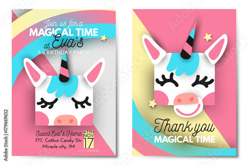 Happy Birthday party invitation, deisng layout, template. Cute paper cutout (paper art) unicorn with closed eyes on geometric background. Two sides brochure, invitation and thank you photo