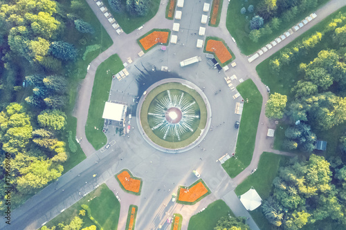 Top view of the round fountain in the park