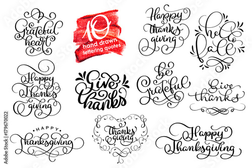 Vector set Thanksgiving lettering for invitations or festive greeting cards. Handwritten calligraphy Grateful Thankful Blessed etc