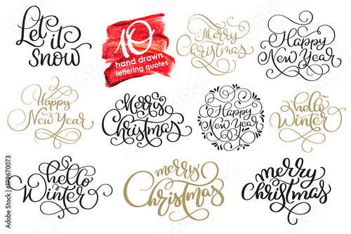 Set of ten hand written Christmas calligraphy lettering texts Merry Christmas Happy New Year Hello Winter for greeting card. handmade vector illustration