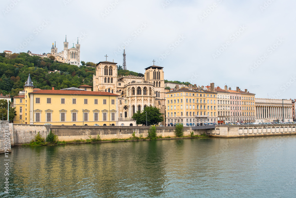 Basilica Notre-Dame de Fourviere and Saint-Jean cathedral, Lyon in France, on the hill, symbol of the city 
