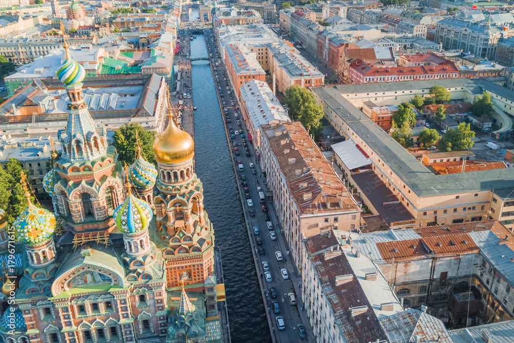 Top view of the Church of the Savior on Spilled Blood and the channel in Saint Petersburg, Russia