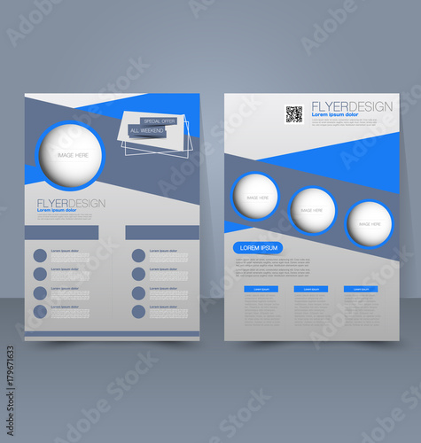 Flyer template. Business brochure. Editable A4 poster for design education, presentation, website, magazine cover. Blue color.