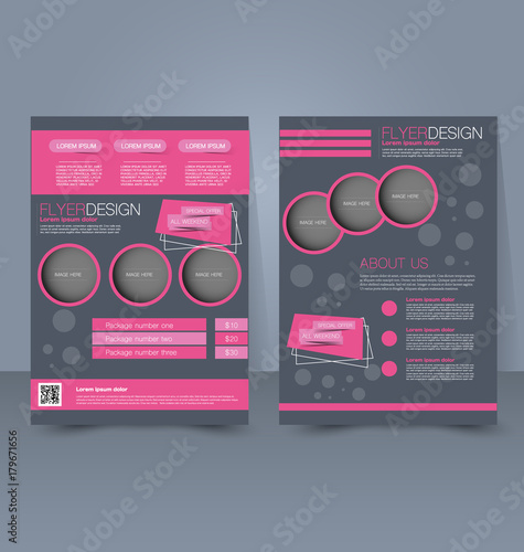 Flyer template. Business brochure. Editable A4 poster for design education, presentation, website. Pink and grey color.