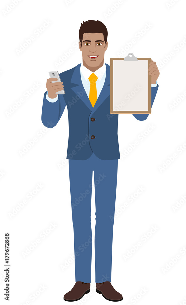 Businessman with mobile phone and clipboard Businessman with mobile phone and clipboard