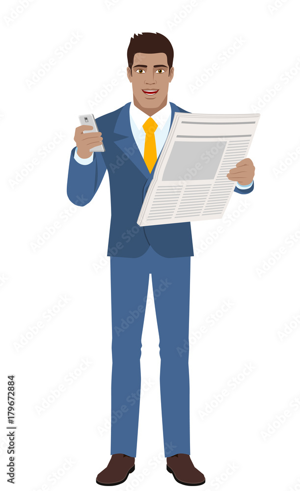 Businessman with mobile phone and newspaper Businessman with mobile phone and newspaper