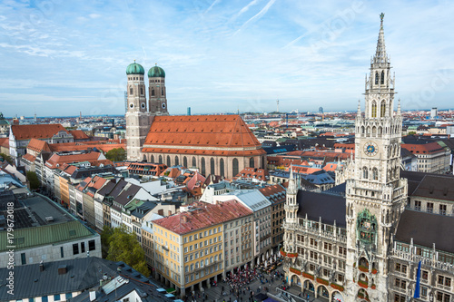 Aerial view on the Frauenkirche and town hall at the Marienplatz in Munich, Germany