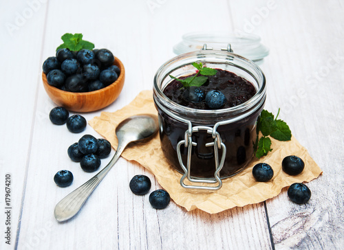 Jar with blueberry jam