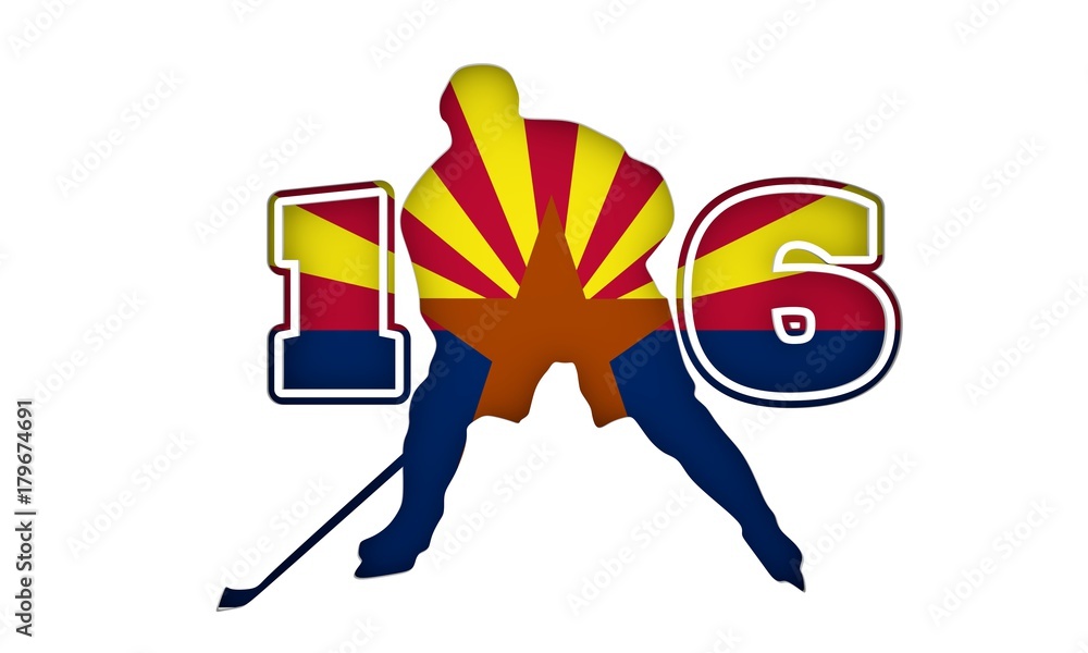 Professional hockey player and 16 cutout silhouettes. Flag of the Arizona on backdrop. 3D rendering Professional hockey player and 16 cutout silhouettes. Flag of the Arizona on backdrop. 3D rendering
