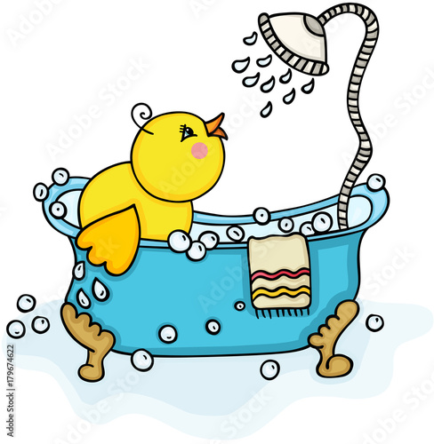 Happy yellow chick in bathtub with shower

