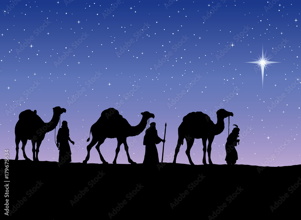 Three Wise kings following Star of Bethlehem. Vector illustration Three Wise kings following Star of Bethlehem. Vector illustration