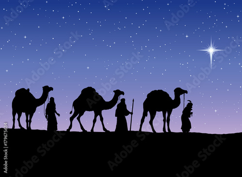 Three Wise kings following Star of Bethlehem. Vector illustration