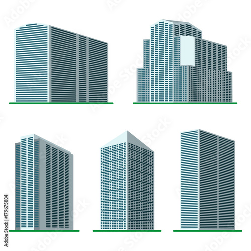 Set of five  modern high-rise building on a white background. View of the building from the bottom. Isometric vector illustration.
