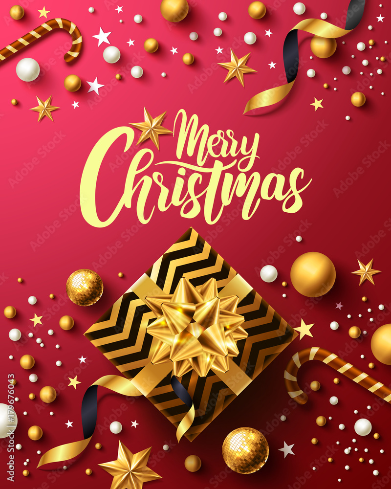 Christmas and New Years Red Poster with golden gift box,ribbon and christmas decoration elements for Retail,Shopping or Christmas Promotion in golden and red style.Vector illustration