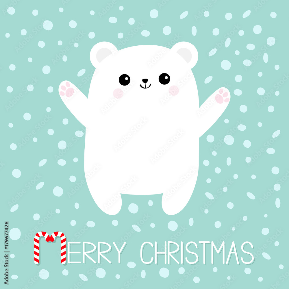 Merry Christmas Candy cane text. Polar white bear cub. Reaching for a hug. Cute cartoon baby character. Open hand ready for a hugging. Arctic animal. Flat design. Winter snow flake background. Merry Christmas Candy cane text. Polar white bear cub. Reaching for a hug. Cute cartoon baby character. Open hand ready for a hugging. Arctic animal. Flat design. Winter snow flake background.