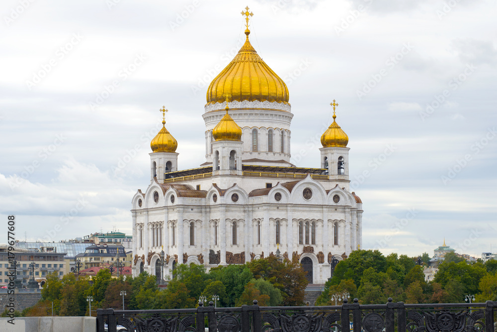 View of the dome of the Cathedral of Christ the Savior on a cloudy September day. Moscow