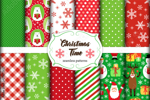 Set of 11 cute seamless Christmas Time patterns with traditional ornaments