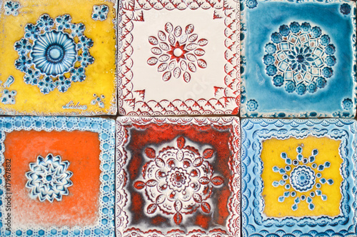 Traditional handmade azulejos portuguese decorative tiles artistic colorful design background. Creative beautiful texture surface