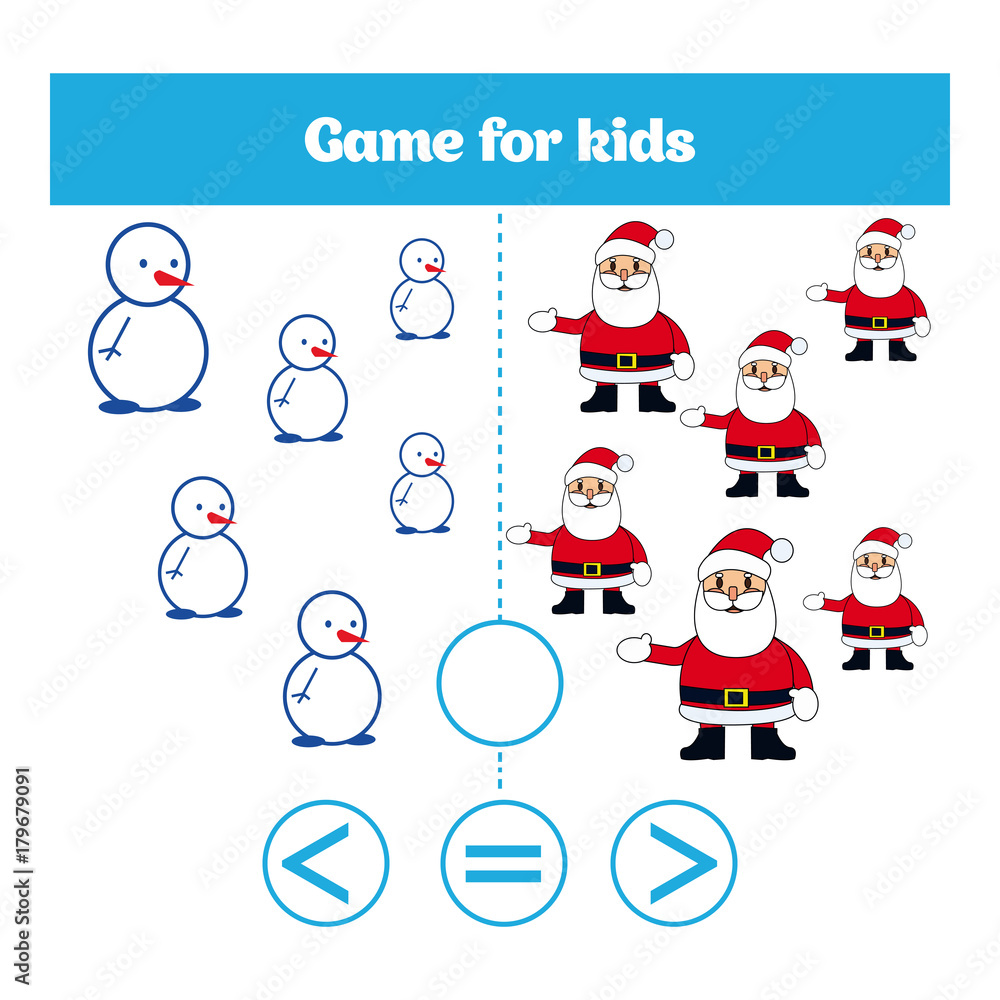 Fototapeta premium Education logic game for preschool kids. Choose the correct answer. More, less or equal Vector illustration. Christmas Xmas and New Year holidays design.