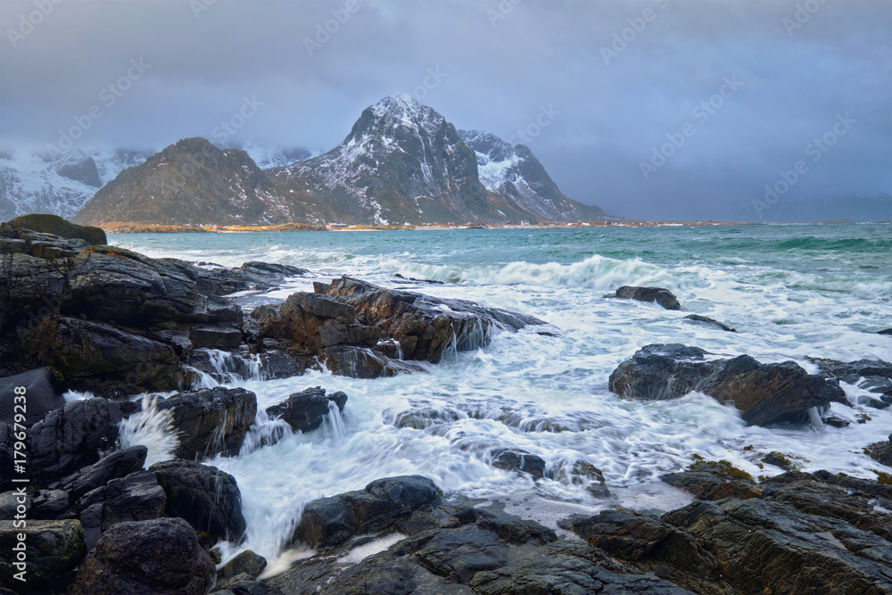 Rocky coast of fjord in Norway