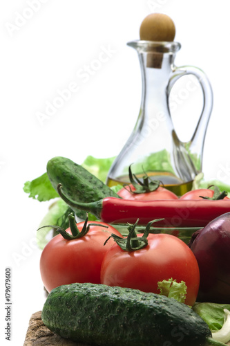 Set vegetable and jug of vegetable oil isolated