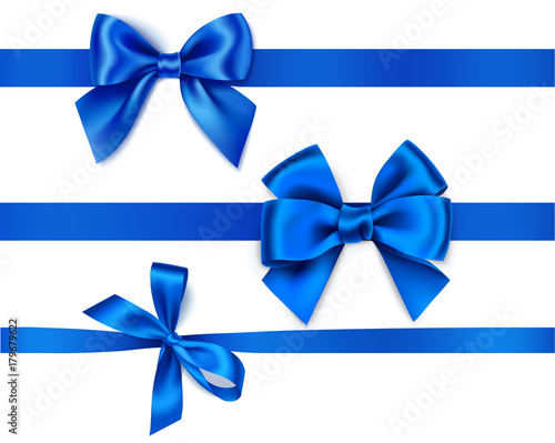 Set of decorative blue bows with horizontal ribbons isolated on white. Vector illustration