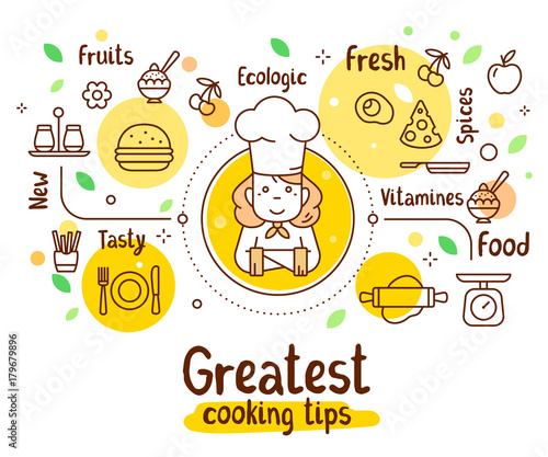 Vector illustration of a woman chief cook with food icons. Thin line art design with a cook in a chef hat for web, site, banner, menu, poster.