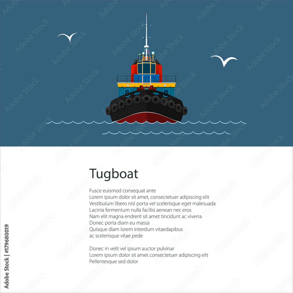 Poster with Industrial Vessel Tugboat , Tow Boat and Text , Brochure Flyer Design, Vector Illustration