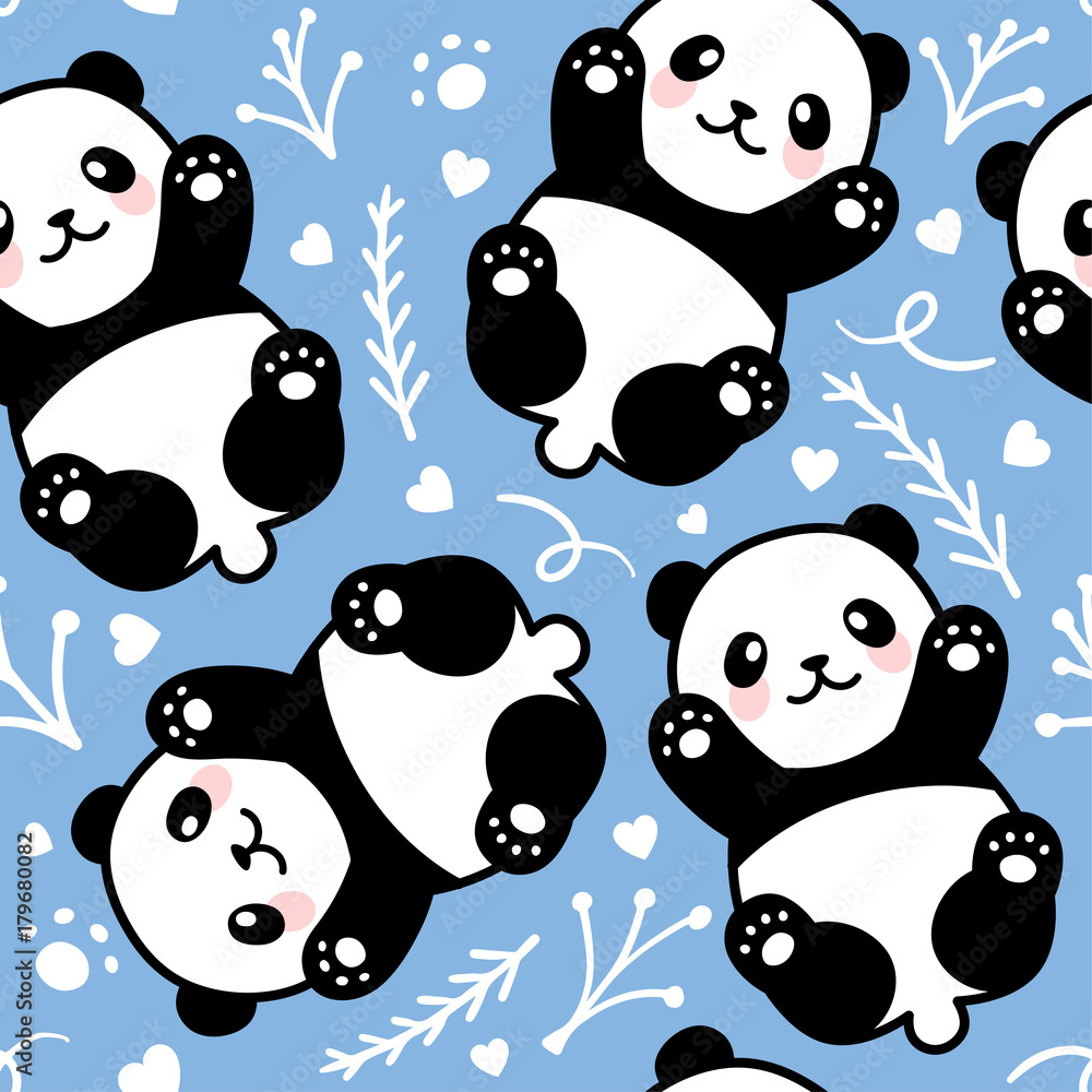 Obraz premium Cute Cartoon Panda Seamless Pattern Background, Vector illustration