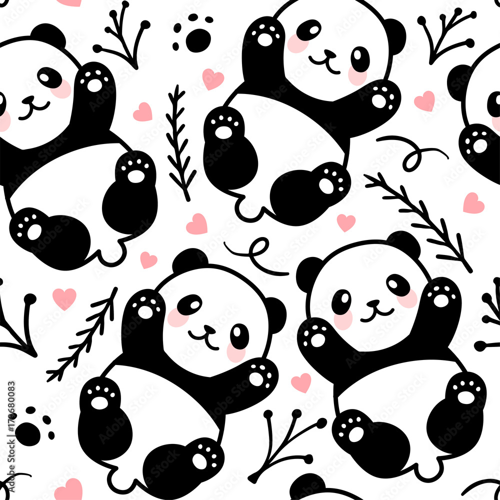 Obraz premium Cute Cartoon Panda Seamless Pattern Background, Vector illustration