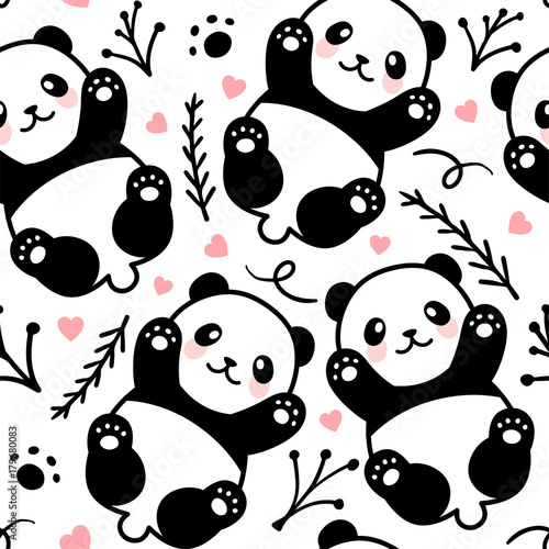 Fototapeta Naklejka Na Ścianę i Meble -  Cute Cartoon Panda Seamless Pattern Background, Vector illustration