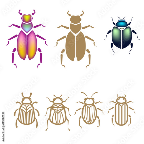 Beetle vector illustration set. Outline style gold bugs and iridescent insects.