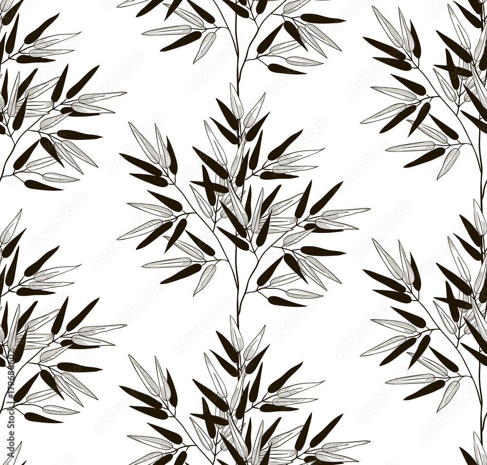 Naklejka premium Vector Black Seamless Pattern with Drawn Bamboo Leaves
