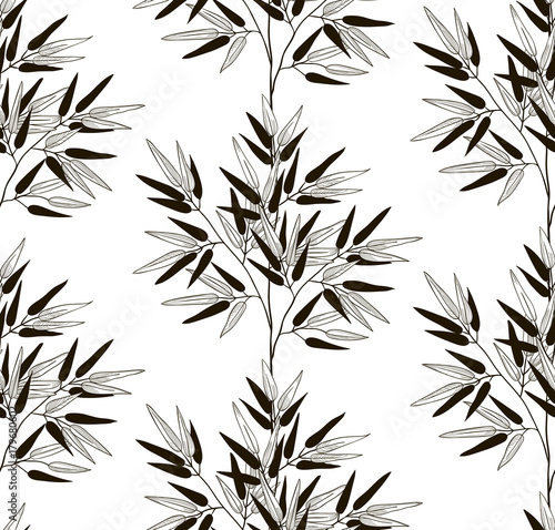 Fototapeta Naklejka Na Ścianę i Meble -  Vector Black Seamless Pattern with Drawn Bamboo Leaves