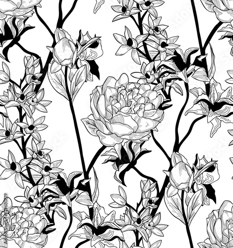 Fototapeta Naklejka Na Ścianę i Meble -  Vector Black Seamless Pattern with Drawn Flowers, Peony