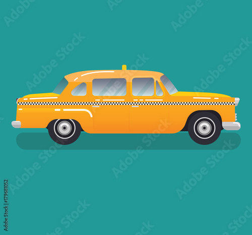 Vector modern flat design illustration on retro taxi cab. New York public city transport taxi service vehicle