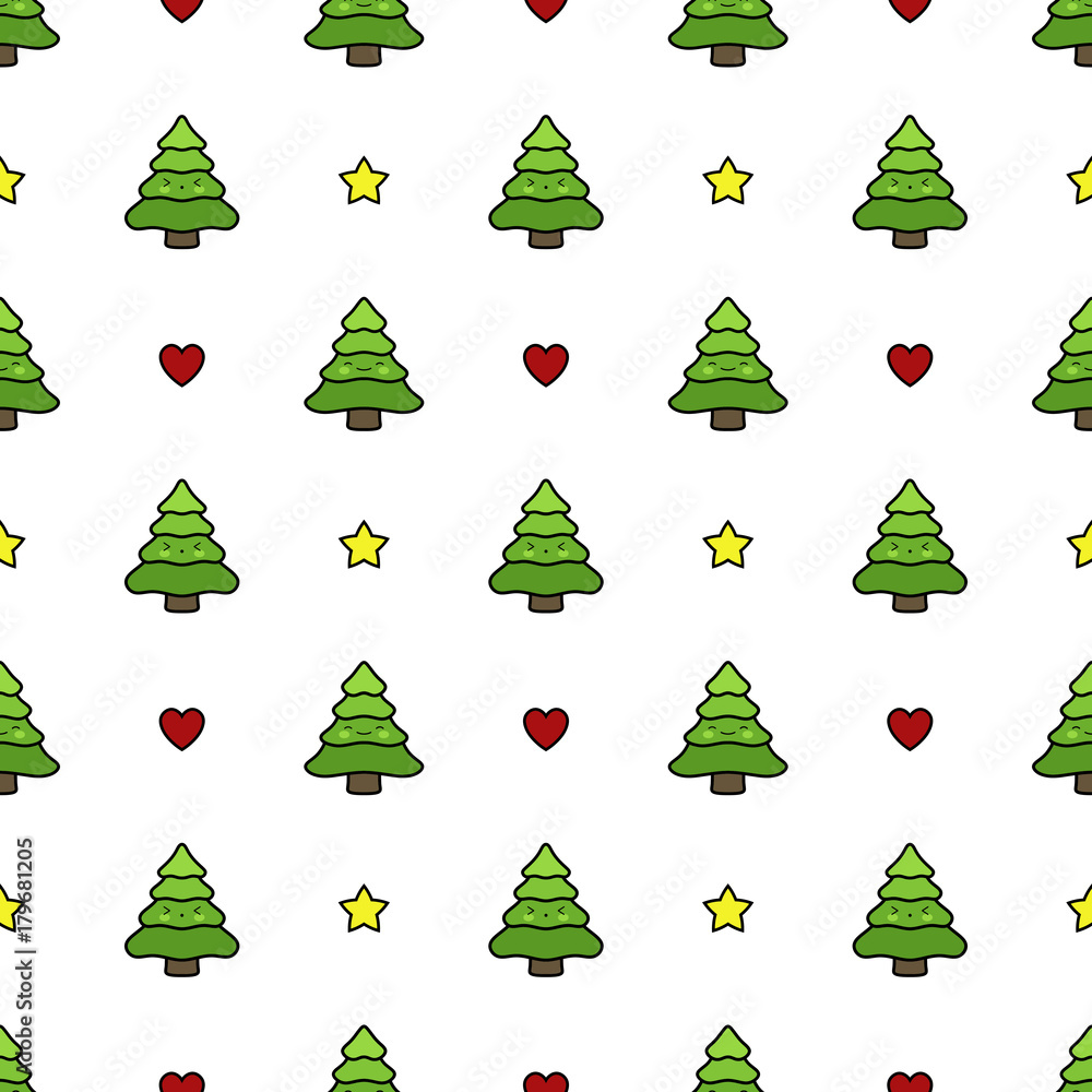 Christmas Tree Seamless Pattern, Cute Pine Tree Background, Vector illustration