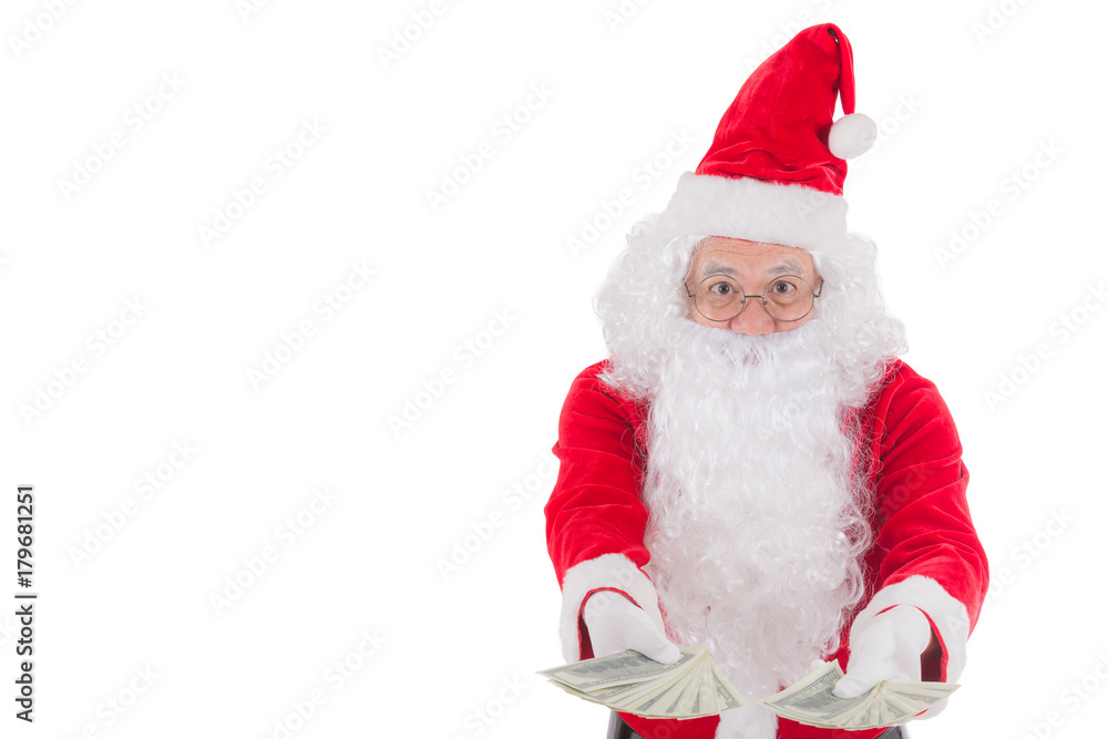 Happy merry Christmas Santa Claus pointing holding Gift Box with Isolated on white background. Happy merry Christmas Santa Claus pointing holding Gift Box with Isolated on white background.